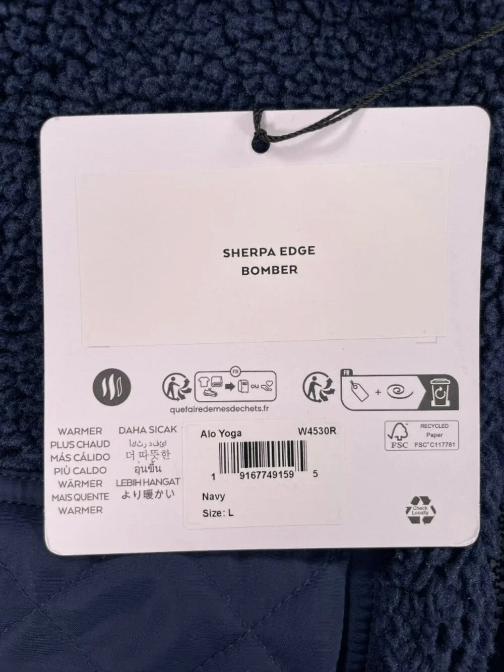 Alo Yoga Sherpa Edge Bomber Jacket Navy Quilted Outdoor Faux Fur Wmn's Sz L NEW